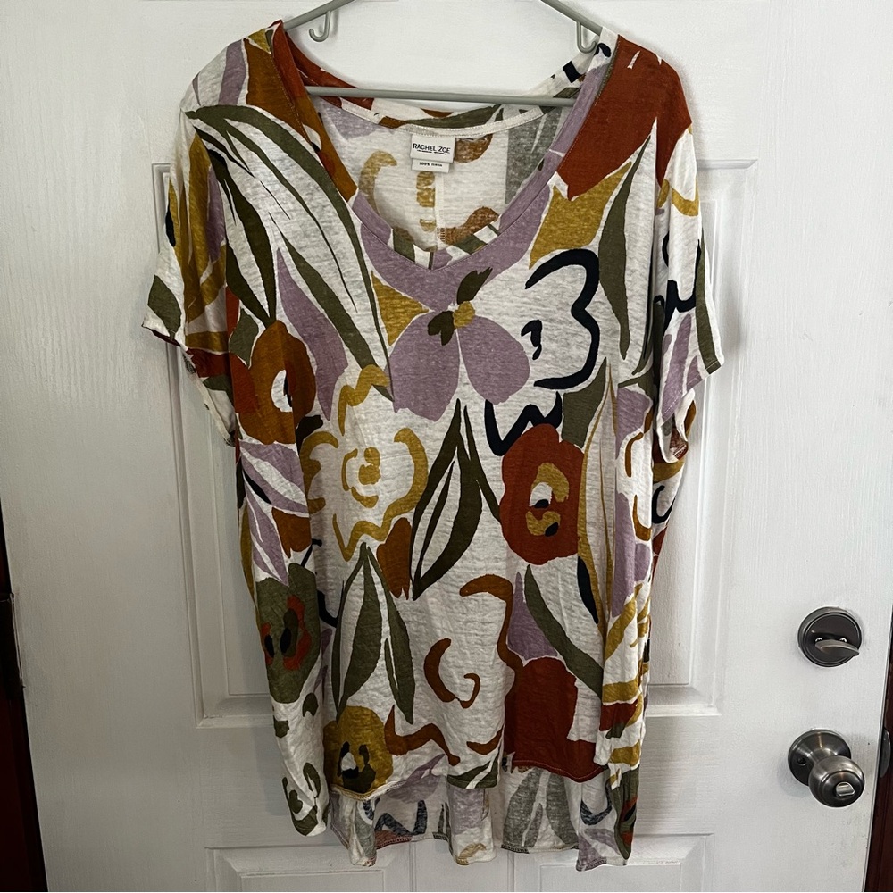 Rachel Zoe 100% Linen Multicolor Floral V-Neck Shirt